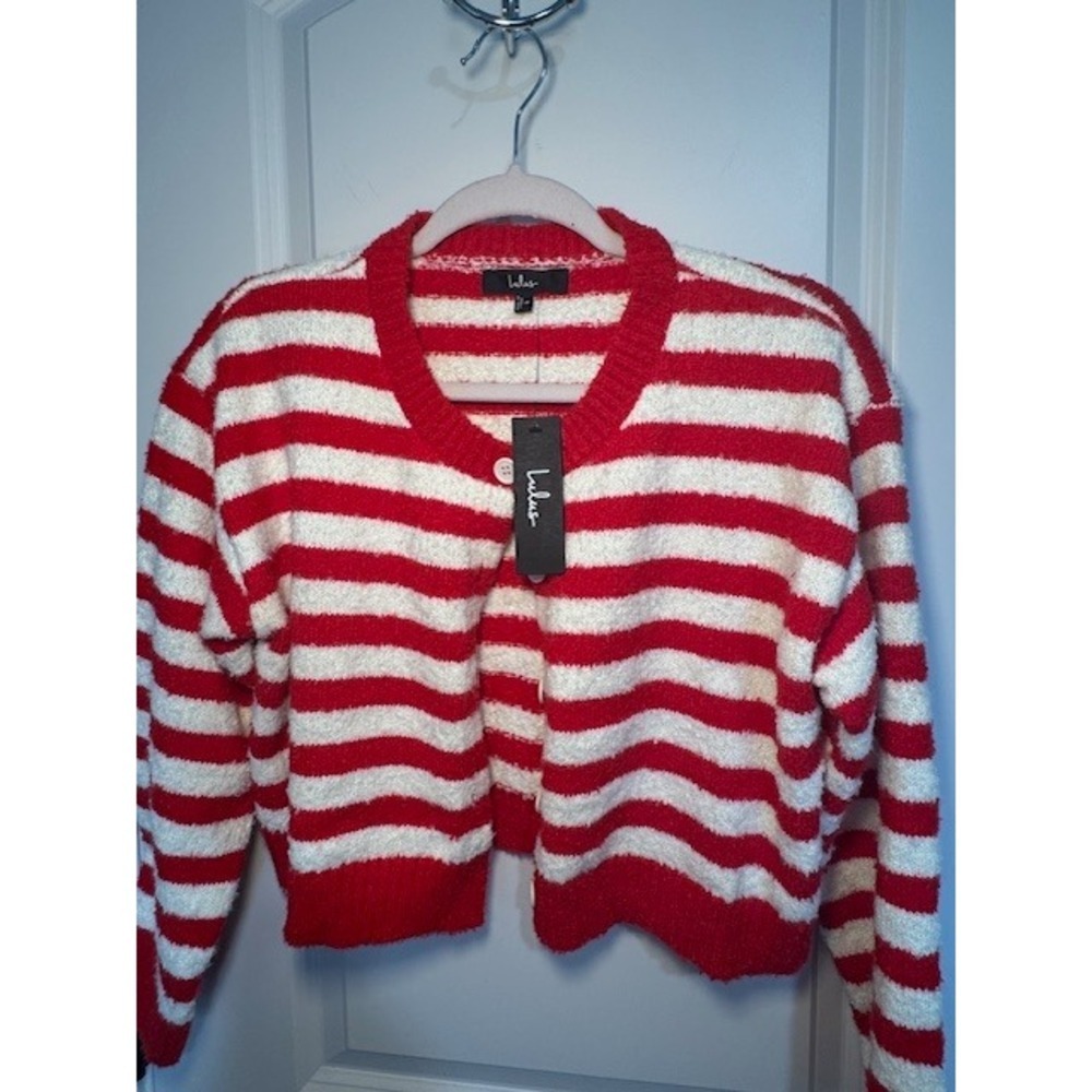 Lulus - Fuzzy Red White Striped Cropped Button Front Cardigan Sweater - Picture 3 of 5